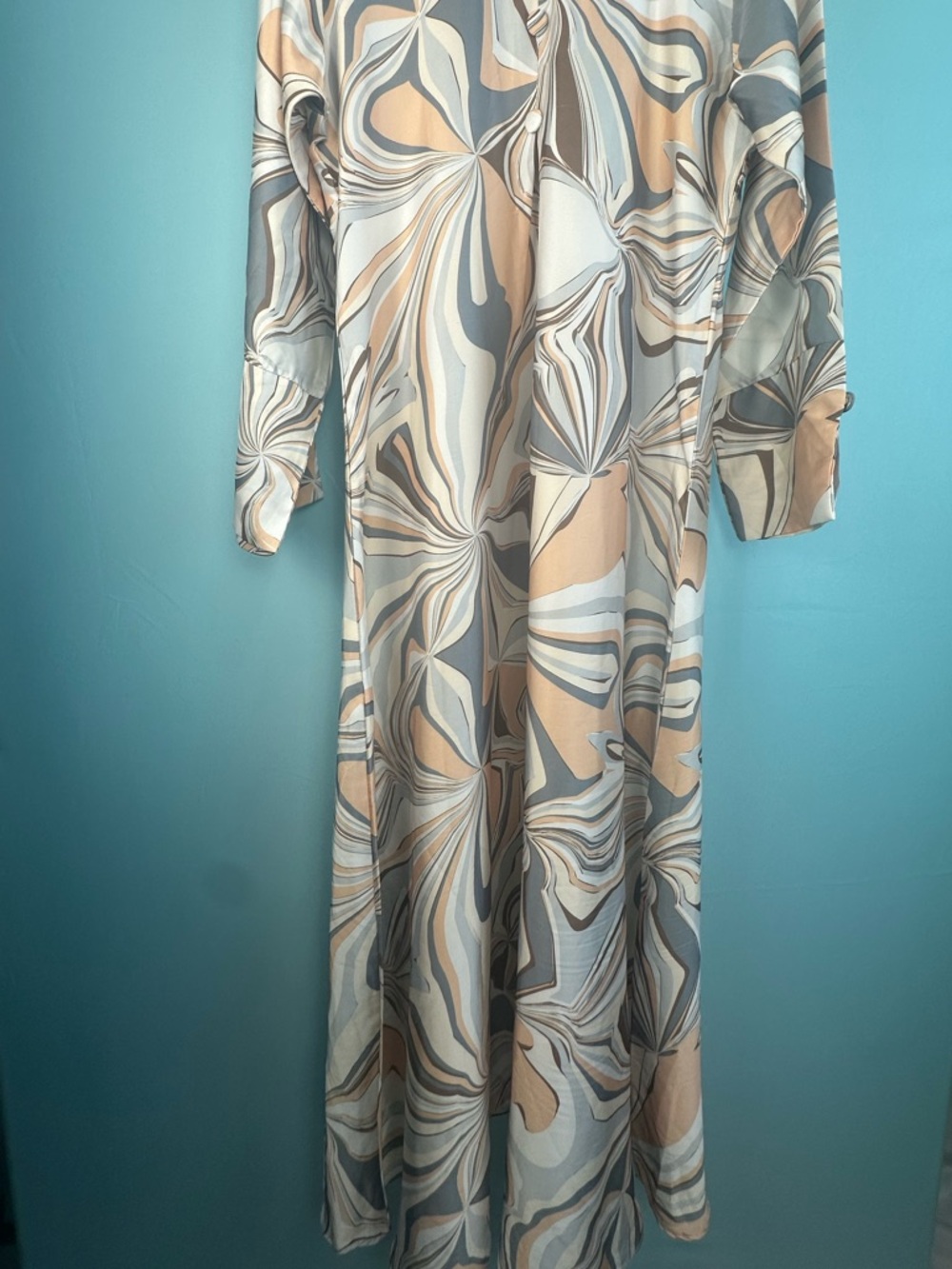 Vintage 70s Abstract Print Maxi Dress Kaftan Boho Silky Flowy Gown